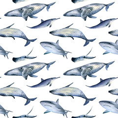 Seamless ocean animals pattern. Watercolor background with sea humpback whale, shark, dolphin, stingray for textile, wallpapers, wrapping paper