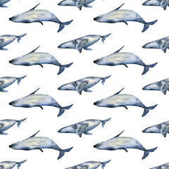 Seamless whale pattern. Watercolor background with sea humpback whales for textile, wallpapers, wrapping paper