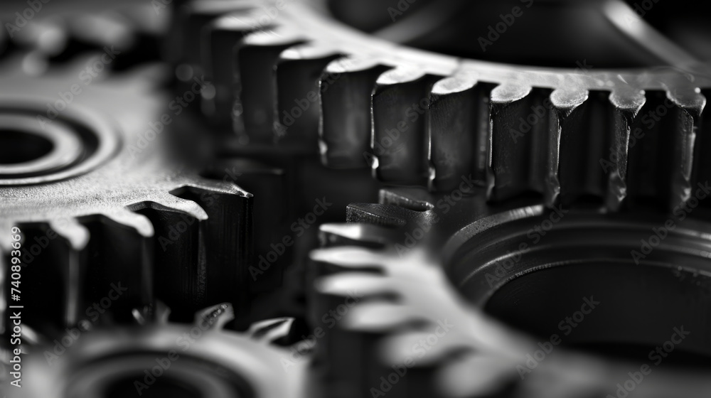 Poster close-up of interlocking gears or cogs, highlighting the intricate details and textures of the metal