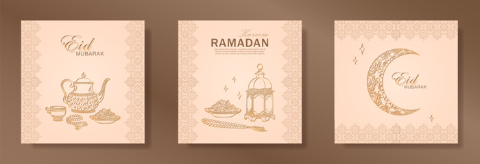 Set of beige greeting cards with hand drawn linear golden Iftari food, arabic lantern and ornamental Muslim crescent moon for Ramadan holy month. Template of Eid Mubarak square banners