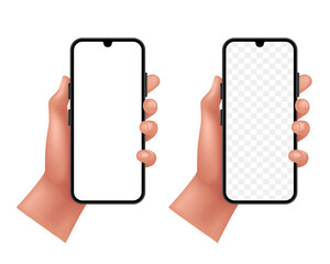 Hand holding a smartphone. Vector 3D clipart isolated on white background. - obrazy, fototapety, plakaty