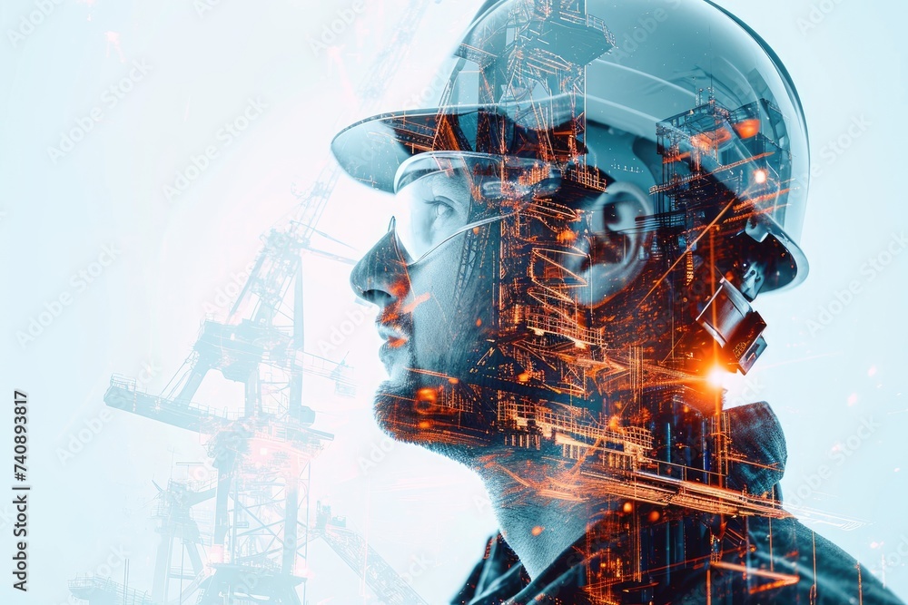 Poster man in hard hat analyzing computer screen, futuristic machines showing devotion to the engineering p