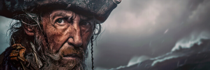 Pirate with intense look on stormy sea - obrazy, fototapety, plakaty
