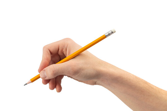 Hand holding pencil isolated on white