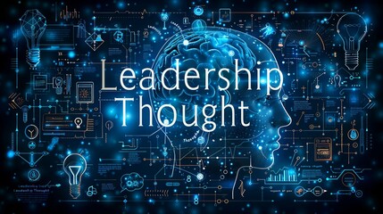 A minimalistic-style banner featuring "Leadership Thought" in blueprint text, accompanied by simple icons of a lightbulb, brain, and thinking bubble. leadership thought concept.