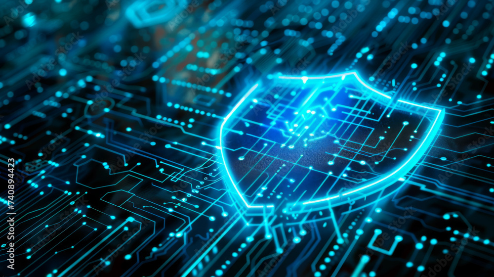 Poster glowing blue shield symbol superimposed over a complex circuit board, representing concepts of cyber
