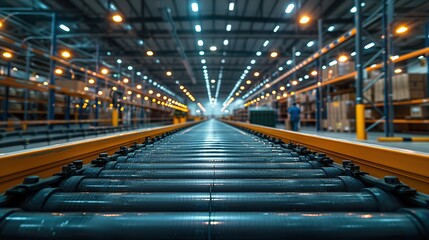 Fototapeta premium Warehouse interior with shelves, pallets, boxes and loader. Created with Generative AI