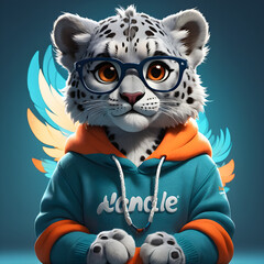 In this cartoon, we see a snow leopard wearing a stylish blue sweatshirt and a pair of trendy glasses. The snow leopard looks both cute and cool in his new outfit, exuding a sense of confidence and in