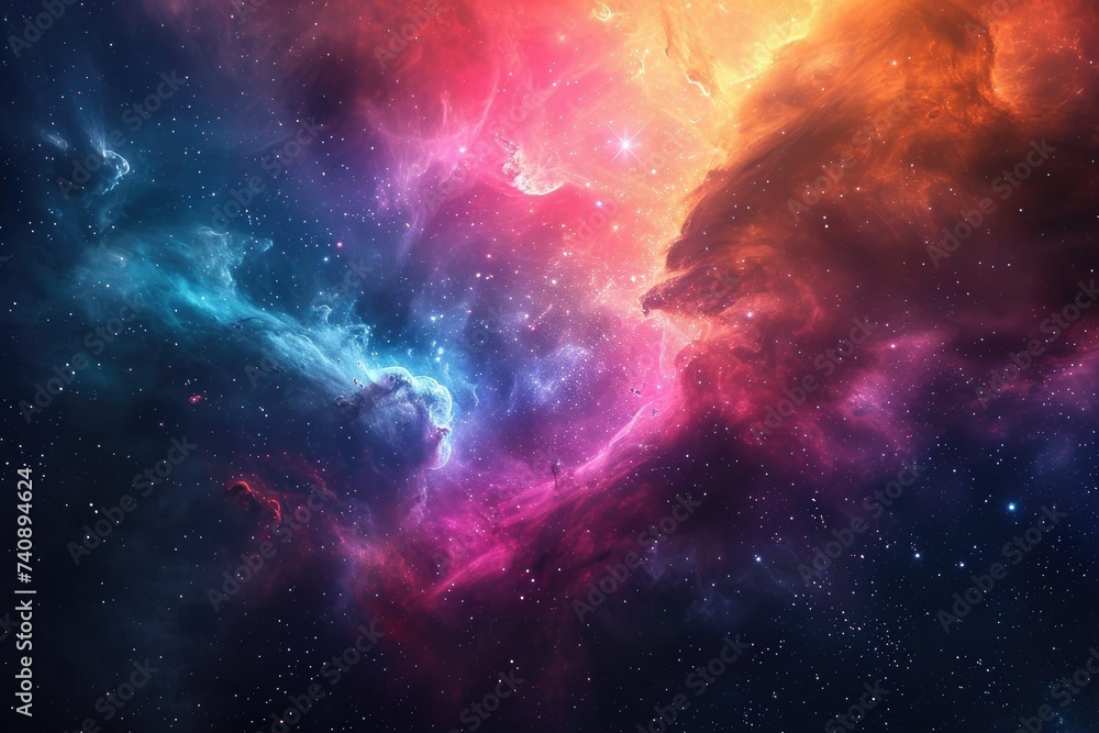 Poster a vibrant space scene featuring an array of stars and clouds, futuristic rendering of a far-off colo