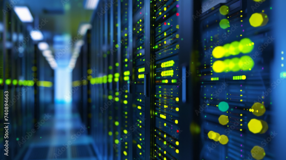 Poster blurred view of a data center with rows of server racks illuminated by blue and yellow led lights.