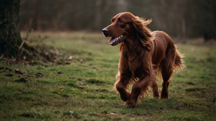 The Irish Setter dog poses with his whole body in nature