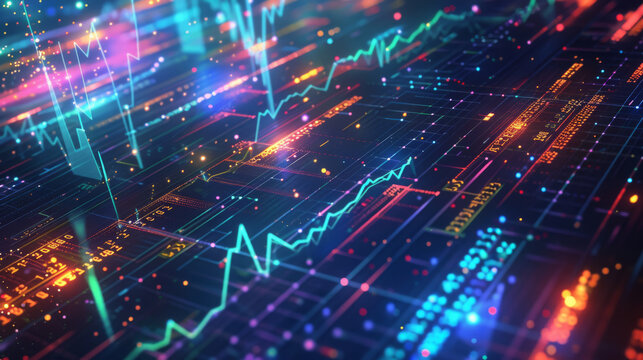 vibrant display of financial data analytics, with various types of graphs and numerical data overlaid on a digital interface or motherboard