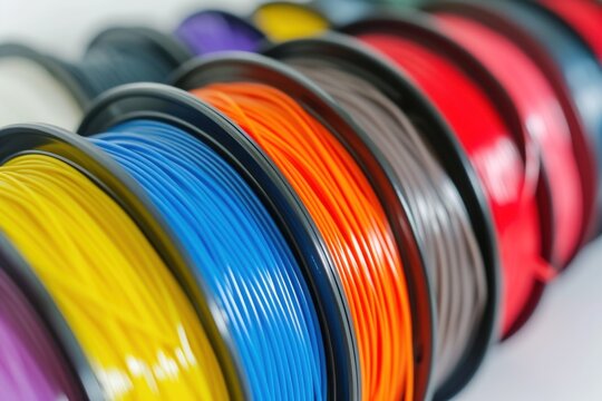 Spools of colorful 3D printing filament made from recycled plastic materials.