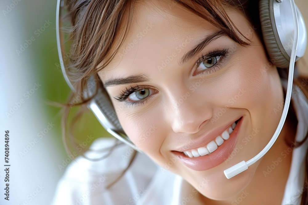 Poster call center representative with a friendly smile wearing a headset symbolizing customer service exce