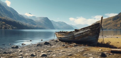 old rusty fishing boat on the slope along the shore of the lake. Generative AI
