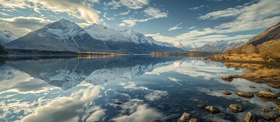 A picturesque scene of a tranquil lake surrounded by majestic mountains, with fluffy clouds reflected in the calm water, creating a peaceful natural landscape