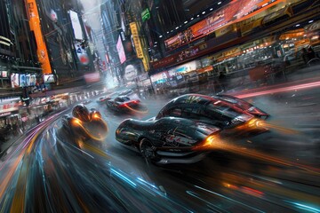 A photo of two cars driving amidst other vehicles and pedestrians on a bustling city street, Futuristic vehicles racing in a cybernetic city, AI Generated