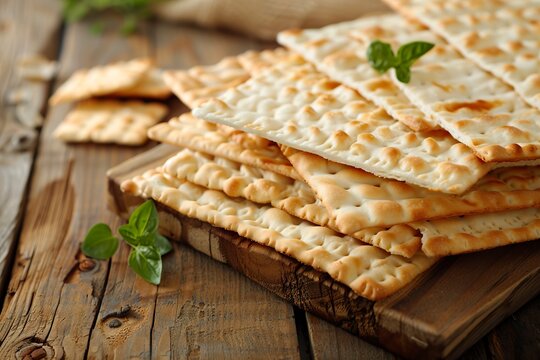 Some Matzahs with a crunchy texture and neutral color contrast with the warmth of the environment resting on a table. Traditional unleavened bread for Jewish Passover.