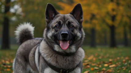 The Norwegian Elkhound dog poses with his whole body in nature - Powered by Adobe