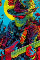 Colorful illustration of a guitarist in hat and glasses with a psychedelic yellow and blue backdrop.