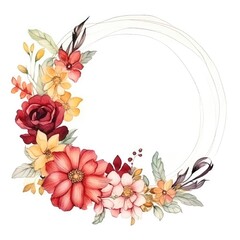Elegant Floral Wreath With Vibrant Blossoms and Delicate Foliage on a White Background