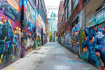 Fototapeta premium Urban alley with vibrant graffiti art covering walls Providing a creative and colorful backdrop for photo shoots and mockups