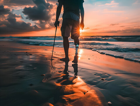 Person with a prosthetic leg walking on a beach at sunset, with waves gently rolling in. - Powered by Adobe