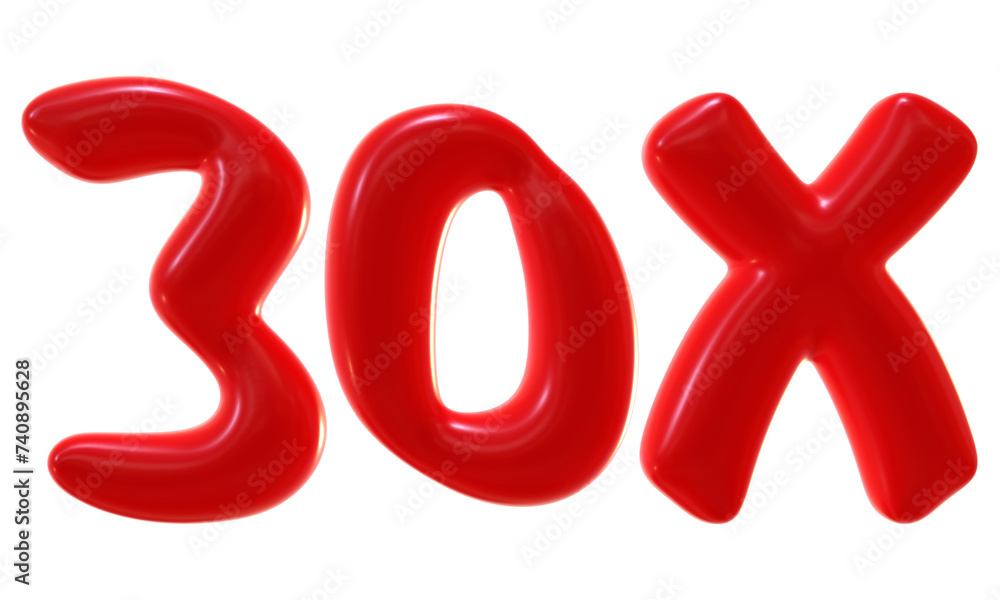 Poster 30x with red color isolated on transparent background. 3d number and letter icon for double and bonu