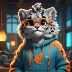 In this cartoon, we see a whimsical depiction of a snow leopard wearing a cozy blue sweatshirt and a pair of stylish glasses. The snow leopard looks adorable and fashionable in this ensemble, adding a