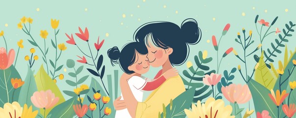 Loving embrace between a mother and her child in a whimsical garden with a bloom of colorful flowers