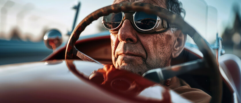 Racecar driver in helmet with intense focus