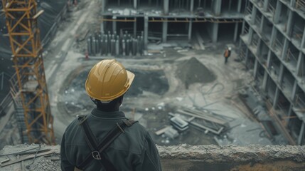 Architect, wide shot, construction site
