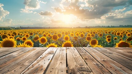 Platform and natural backdrop with sunflower field Cloud and sky background for displaying wide...