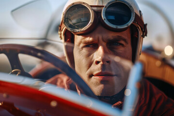 Racecar driver in helmet with intense focus