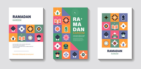 Ramadan Kareem. Islamic greeting card, poster template in flat geometric style. Eid Mubarak.	