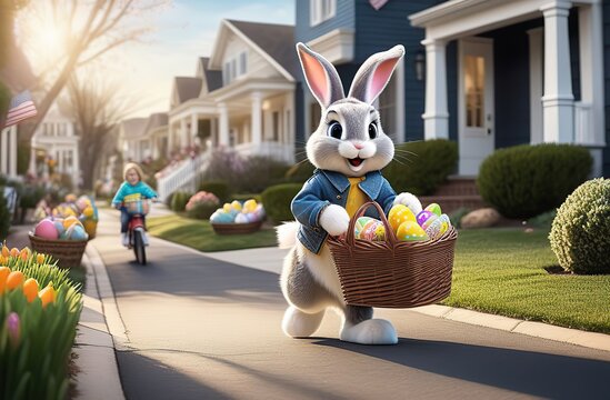 Bunny Delivery: A photo of the Easter Bunny hopping through a neighborhood, delivering baskets filled with treats and goodies to excited children, capturing the joy and magic of Easter morning 