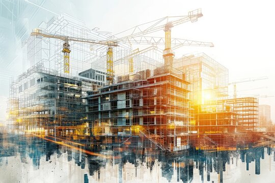Construction of a Modern Office Building in Downtown City, Overlay of a future construction project with blueprints and diagrams, AI Generated