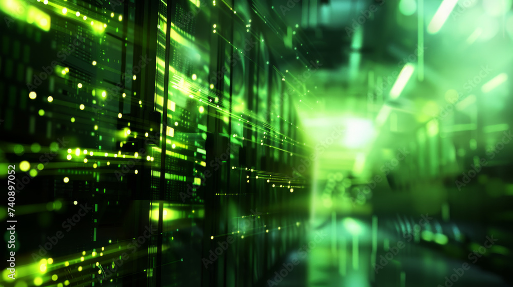 Poster blurred view of a data center with rows of server racks illuminated by blue and yellow led lights.