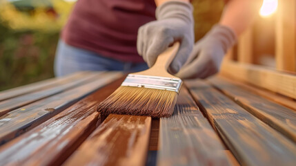 close-up view of a person's hand with a glove holding a paintbrush, applying varnish on wooden planks during sunset.