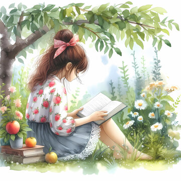 a young girl reading a book in the garden with rose, lavender and flowers around her.