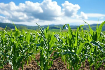 Fototapeta premium A field brimming with green plants stretches out beneath a sky filled with fluffy white clouds, Genetically modified crops in a thriving field, AI Generated