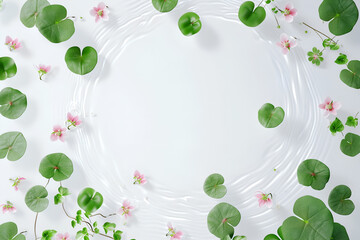 Leaves and flowers on water surface. Beautiful water ripple background for product presentation