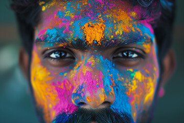 closeup of Indian man with moustache and face covered with golden, blue, pink powder in Holi spring festival