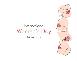 International women's day greeting card. Women faces in one continuous line drawing. Abstract female portrait in simple linear style. Vector illustration for 8 march	