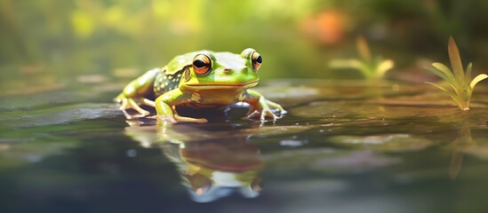 vector illustration of a painting of a green frog sitting on a leaf carried by the river current - obrazy, fototapety, plakaty