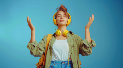 young woman with her eyes closed, wearing yellow headphones, a green shirt, and an orange backpack, seemingly lost in enjoyment of the music she is listening to against a solid blue background.