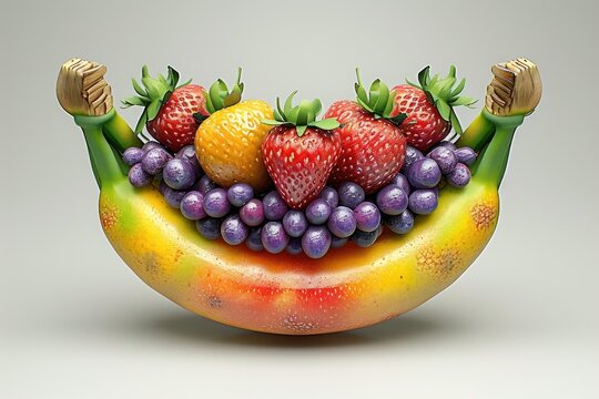 A photo featuring a meticulously crafted fruit sculpture showcasing a ripe banana, luscious strawberries, and mouthwatering grapes, Genetically modified superfruit design, AI Generated