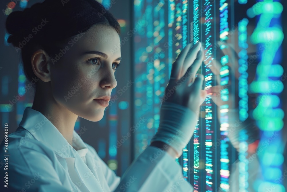 Poster a focused woman in a lab coat carefully examines a digital display filled with scientific data in a 