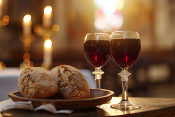 Communion elements on a church altar, Close-up of bread and wine - obrazy, fototapety, plakaty