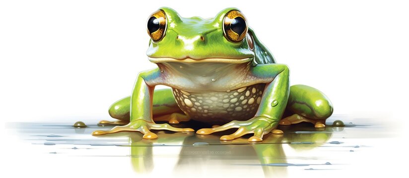 vector illustration of a painting of a green frog sitting on river water on a white background